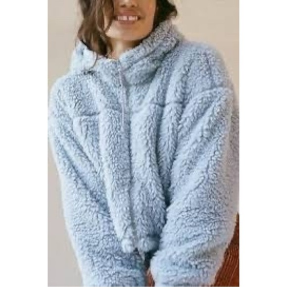Urban Outfitters BDG Cropped Teddy Hoodie Jacket Size Small Baby Sky Blue - Picture 4 of 14